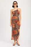 Mesh Leopard Printed One Shoulder Maxi Dress