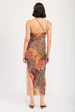 Mesh Leopard Printed One Shoulder Maxi Dress
